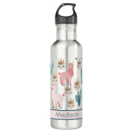 Lama Pink und Green Cactus, Alpaca, Niedlich, Girl Edelstahlflasche
