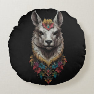 Lama und Blumenporträt, Rundes Kissen