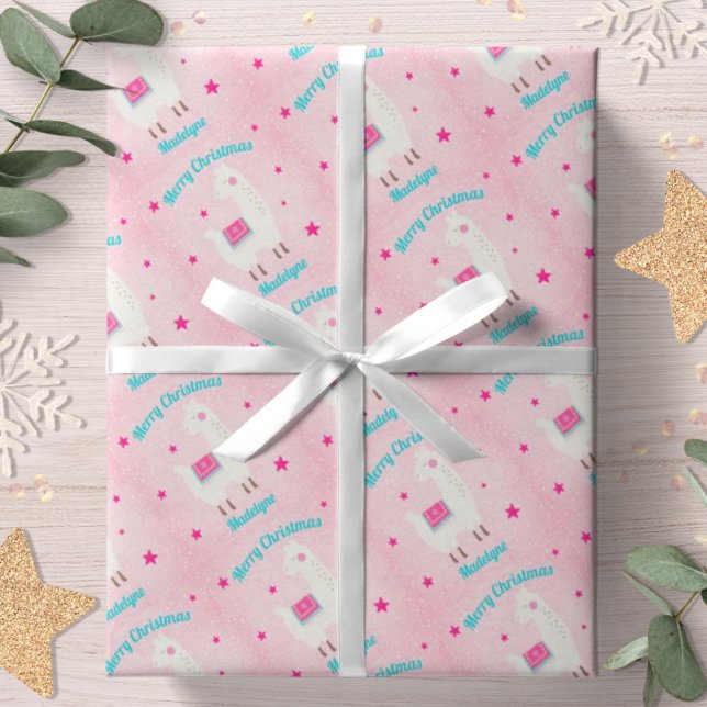 Lama Weihnachten Pink Snow Stars Personalisiert Geschenkpapier (Von Creator hochgeladen)