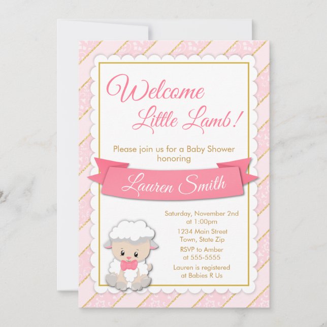 Lamb Babydusche Einladung Pink Baby Lamm (Vorderseite)