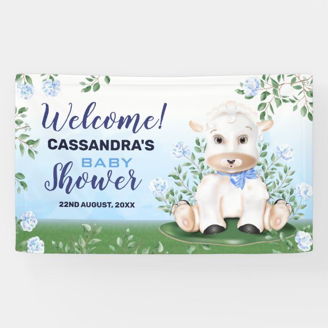 Lamb Blue Floral Baby Dusche Banner (Horizontal)