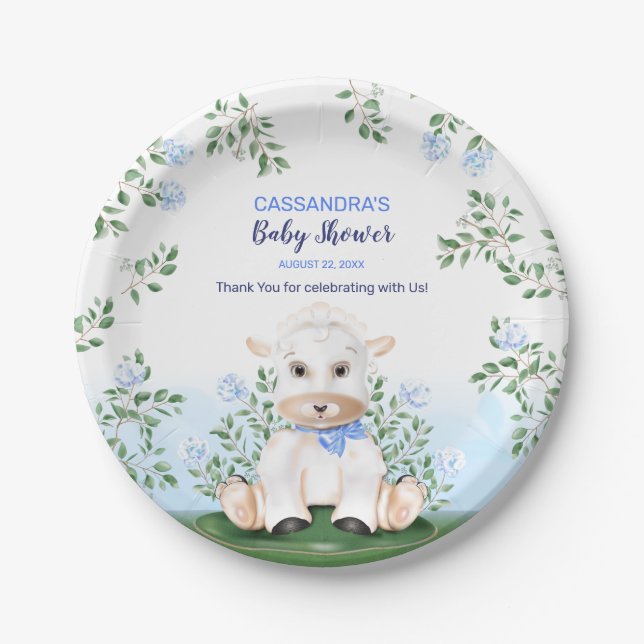 Lamb Blue Floral Baby Dusche Pappteller (Vorderseite)