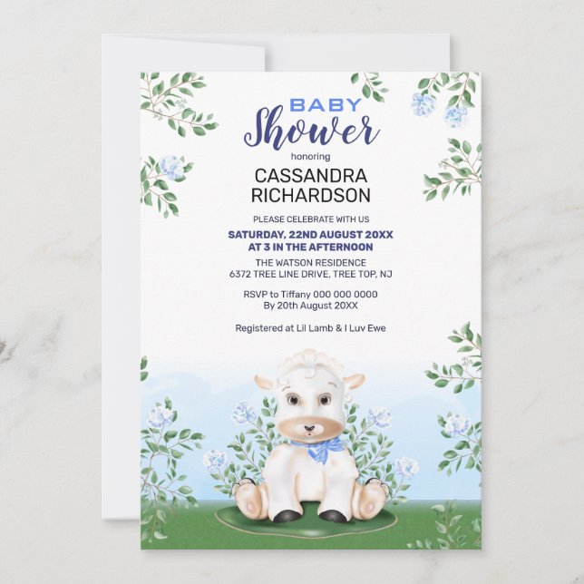 Lamb Blue Floral Boy Baby Dusche Einladung (Vorderseite)