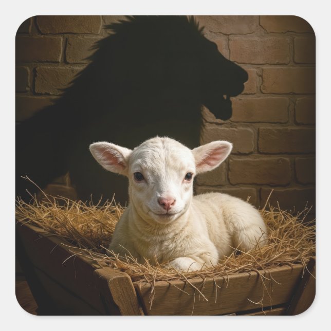 Lamb In a Manger With Lion Shadow Quadratischer Aufkleber (Vorderseite)
