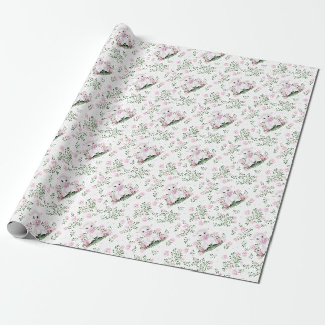 Lamb Pink Roses Floral Baby Dusche Geschenkpapier (Ungerollt)