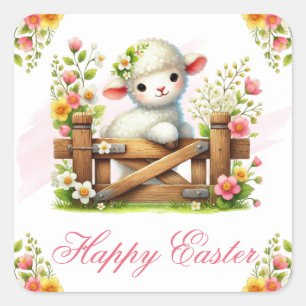 Lamm, Blumenkrone und Holztor Frohe Ostern Quadratischer Aufkleber