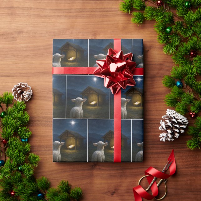 Lamm, das Baby Jesus in einer Krippe betrachtet Geschenkpapier (Feiertagsgeschenk)