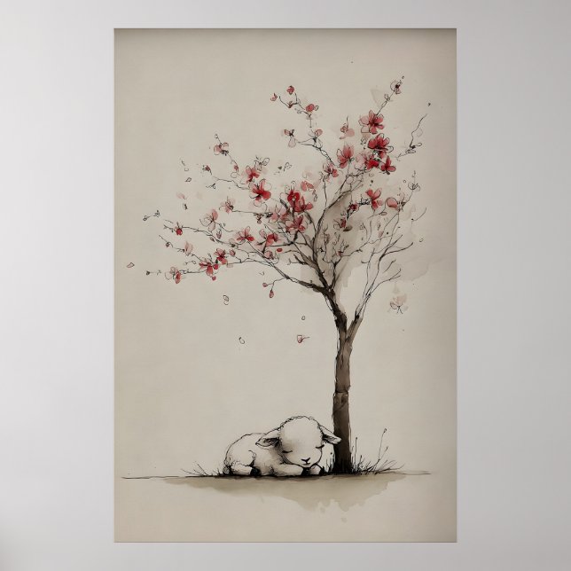 Lamm ein blühender Baum Druckbare Kunst, Minimalis Poster (Vorne)