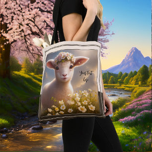 Lamm im Frühjahrsfeld mit Blume Tasche