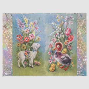LAMM, KLEINE ENTE, HÜHNER, OSTEREIER MIT BLUMEN SEIDENPAPIER
