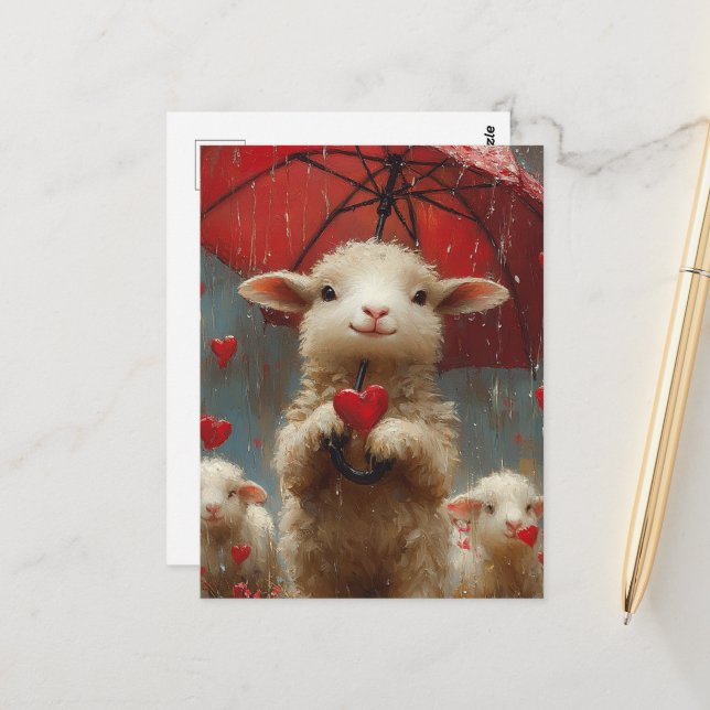 Lamm mit Regenschirm und Herz Postkarte (Vorderseite/Rückseite Beispiel)
