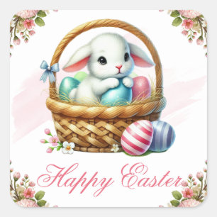 Lamm und Frühlingsblumen Frohe Ostern Quadratischer Aufkleber