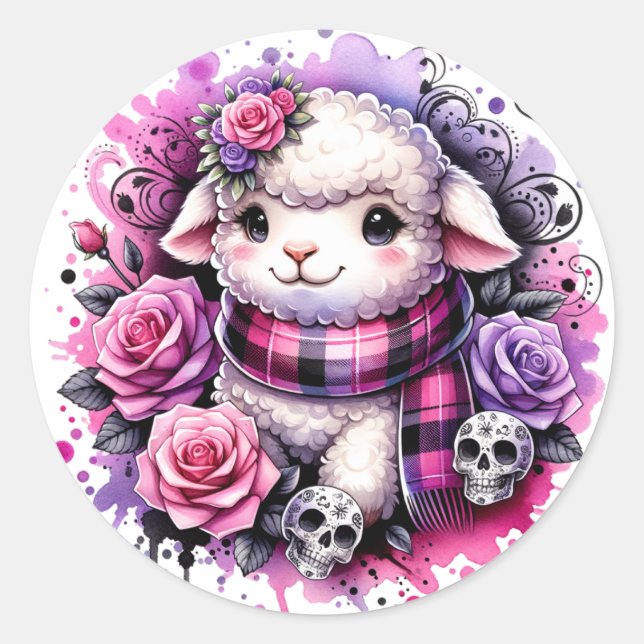 Lammaufkleber mit Schädel und Rose Runder Aufkleber (Vorderseite)