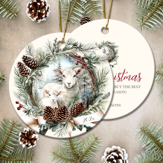 Lämmer und Nutztiere rustikale Weihnachtskranke Keramik Ornament (Lambs farm animals rustic Christmas wreath Ceramic Ornament)