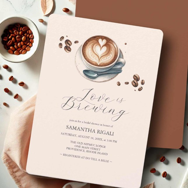 L'amour brasse la Fête des mariées des invitations (Coffee bridal shower invitations love is brewing theme by Victoria Grigaliunas of Do Tell A Belle)