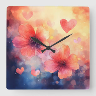 L'amour en fleurs – Horloge murale florale carrée 
