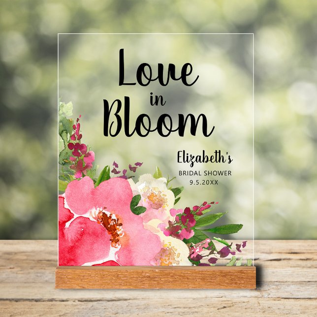 L'amour en fleurs rose Fête des mariées (Love in Bloom pink and cream flowers bridal shower tabletop welcome acrylic sign)