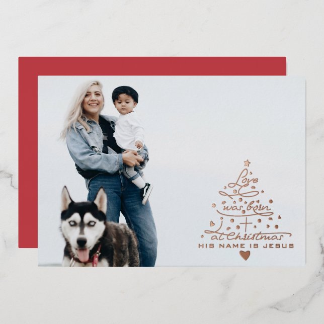 L'amour est né Arbre Foil Carte de Noël (Recto/Verso)