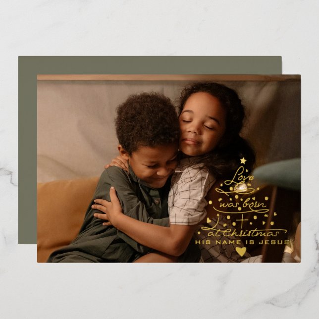 L'amour est né Arbre Foil Carte de Noël (Recto/Verso)