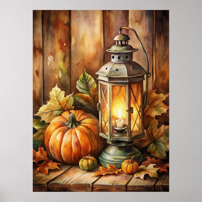 Lampe und Kürbisse Herbst Poster (Vorne)