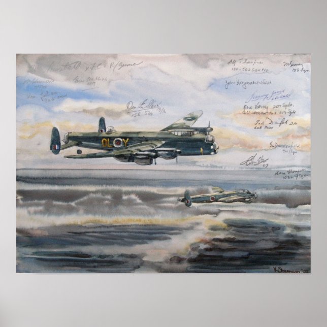 Lancaster-Bomber über bombierte U-Boot-Stifte Poster (Vorne)