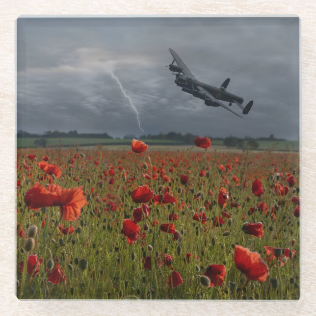 Lancaster Bomber über einem Mohnfeld Glasuntersetzer (Vorderseite)