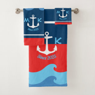 L'Ancre de monogramme ondule nautique bleu blanc