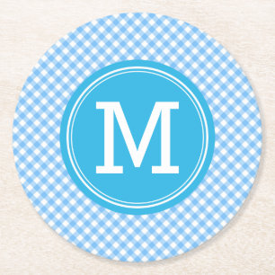 Land Baby Blau Gingham Personalisieren Monogramm Runder Pappuntersetzer