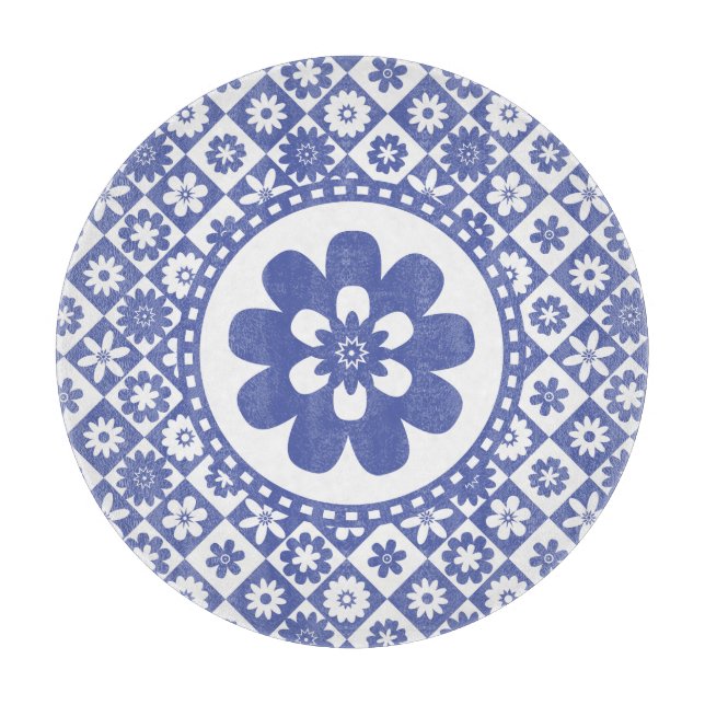 Land-Bauernhof-blauer und weißer Karo-Blumenmuster Schneidebrett (Vorderseite)