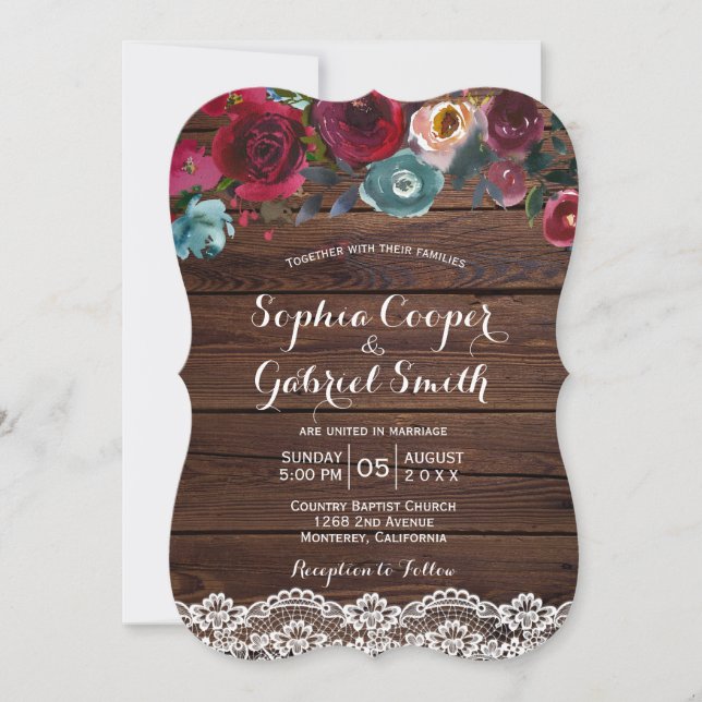 Land Burgund Marine Blumenstrasse | Hochzeit von H Einladung (Vorderseite)