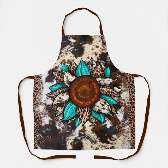 Land Cowhide und Leopard Print Türkis Blume Schürze (Vorderseite)