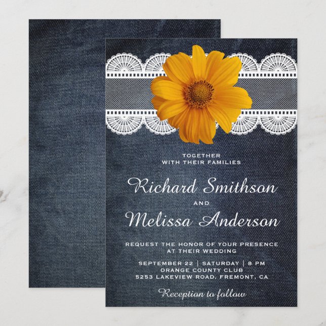 Land Denim Lace Sonnenblumen Hochzeit Einladung (Vorne/Hinten)