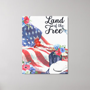 Land der freien Aquarell-Flagge/Hut/Stiefel/Blumen Leinwanddruck
