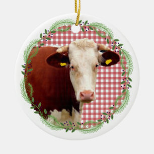 Land Farm Tierkühe Gingham Weihnachtsbrand Keramik Ornament