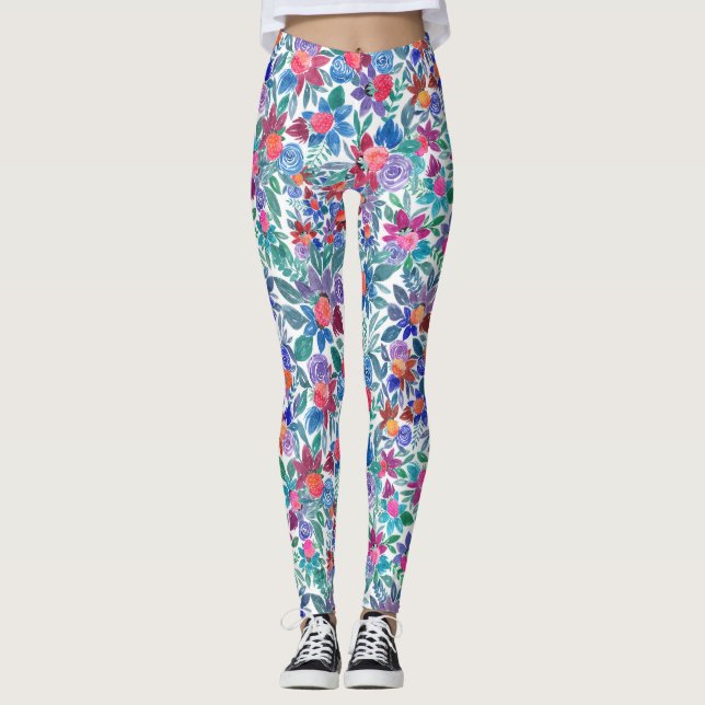 Land Floral Erdbeeren Wasserfarben Muster Leggings (Vorderseite)