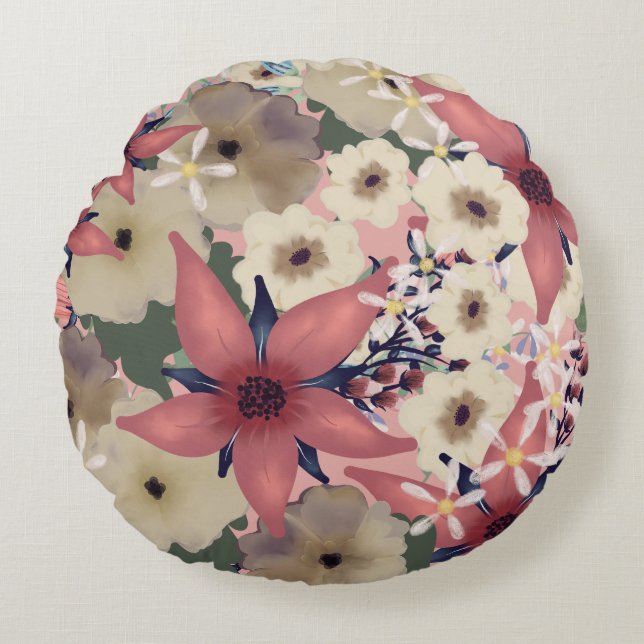 Land Floral | Korallenrosa und Blaue Navy Rundes Kissen (Vorderseite)