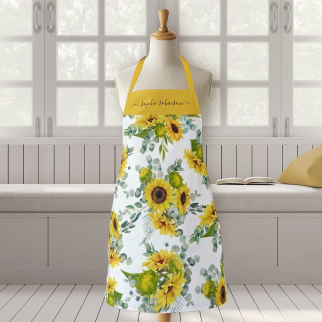 Land Floral Wasserfarbe Gelbe Sonnenblume Schürze (A pretty sunflower pattern apron. Personalize it with your name.)
