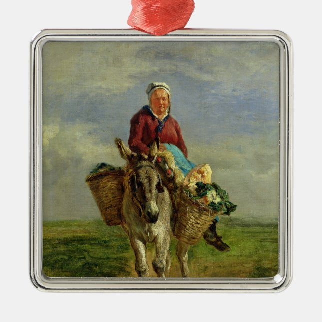 Land-Frau, die einen Esel reitet Silbernes Ornament (Vorne)