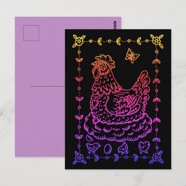 LAND HEN, EGG, CHICK & FOLK ART BORDER POSTKARTE (Vorne/Hinten)