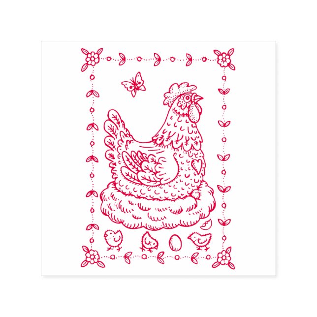 LAND HEN, NEST, EGG, CHICK FOLK ART BORDER nett Permastempel (Design)