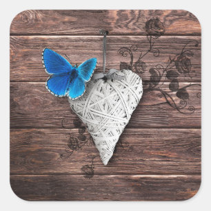 Land Herz und Schmetterling auf Holz Quadratischer Aufkleber