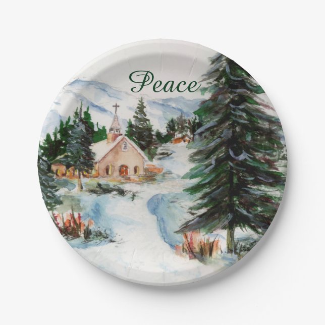 Land-Kirche in der Winter-Aquarell-Gebirgsszene Pappteller (Vorderseite)