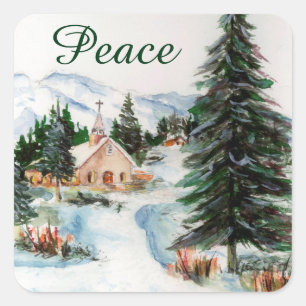 Land-Kirche in der Winter-Aquarell-Gebirgsszene Quadratischer Aufkleber