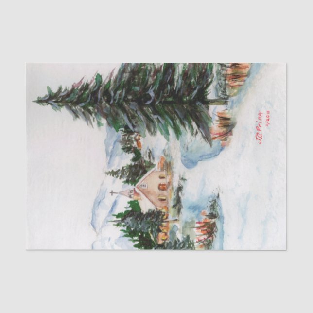 Land-Kirche in der Winter-Aquarell-Gebirgsszene Seidenpapier (Vorderseite)