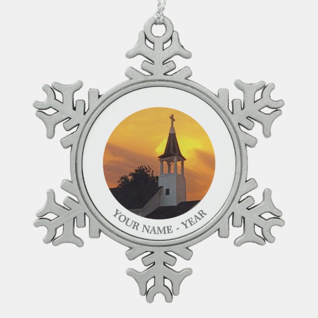 Land-Kirche Schneeflocken Zinn-Ornament (Vorderseite)
