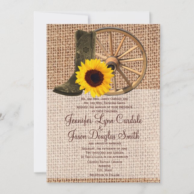 Land-Leinwand-Cowboystiefel-Sonnenblume-Hochzeit Einladung (Vorderseite)