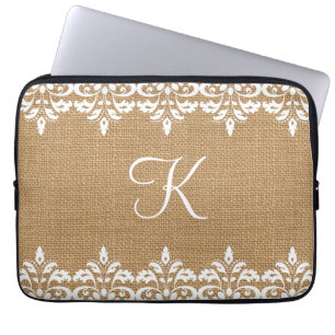 Land-Leinwand und weißes Damastspitzemonogramm Laptopschutzhülle