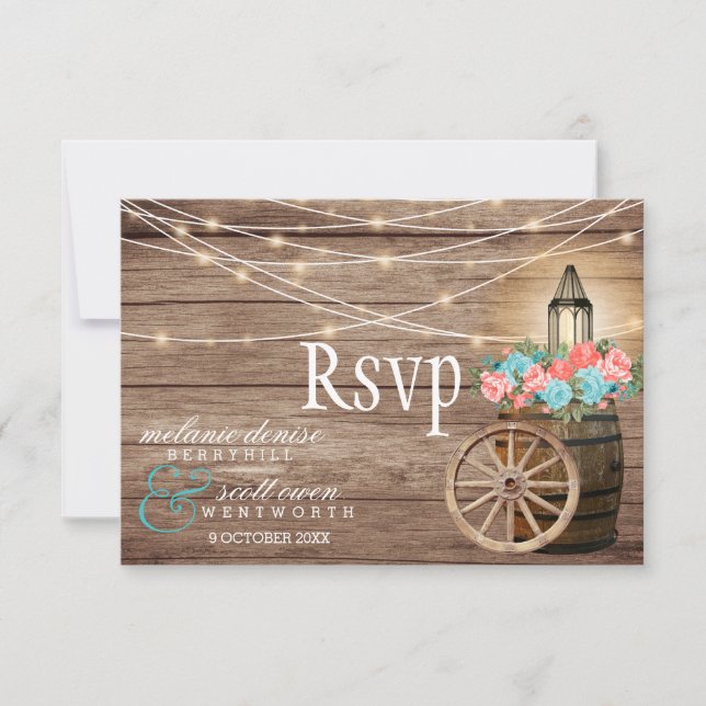 Land Light Aquamarin und Koralle - Holzfass RSVP Karte (Vorderseite)