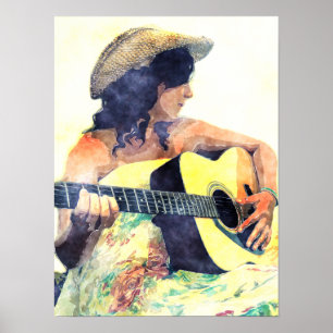 Land-Mädchen mit Akustikgitarre-Wasser-Farbe Poster