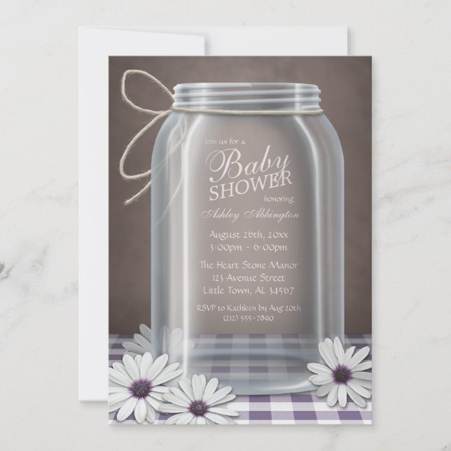 Land-Maurer-Glas-lila Gingham-Baby-Dusche Einladung (Vorderseite)